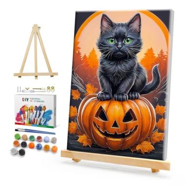 Imagem de HeeBenor Kit de pintura por números de Halloween para adultos com moldura, tinta de abóbora de gato preto por número com cavalete, kits de pintura para adultos DIY Halloween por números em tela