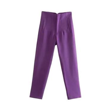 Imagem de Calças de Alfaiataria Femininas de Cintura Alta - Preto, Rosa e Branco