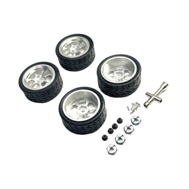 Imagem de YIJU Rodas e pneus RC, pneus de borracha RC, conjunto de aros de reposição, cubo sextavado de 12 mm, porca de roda M3 para 144001 1:18 1:12 1:10 144002, Prata