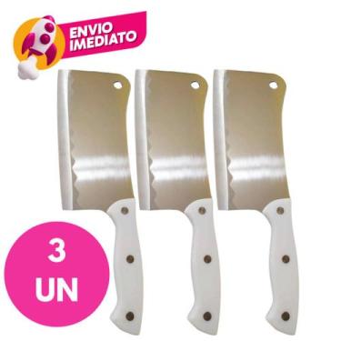Imagem de Kit Cutelo Machadinha 6 Aço Inox Cabo Branco Profissional Chef Facão C
