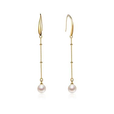 Imagem de Cowlyn Brinco de pérola com pingente de corrente longa dourada hipoalergênica brincos de borla joia de dia dos namorados para mulheres e meninas