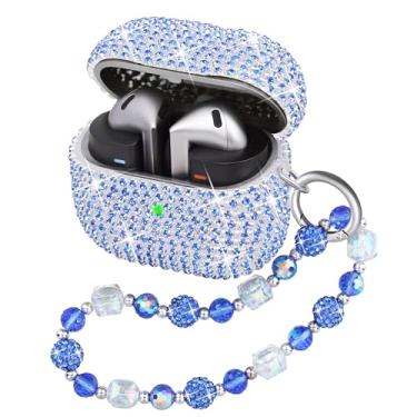 Imagem de Ucharmbead Capa compatível com Samsung Galaxy Buds 3 e Galaxy Buds 3 Pro, capa brilhante de cristal, com cordão brilhante e pingente de chaveiro para mulheres (azul)