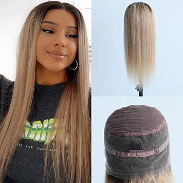 Imagem de Aprilhair Perucas frontais entrelaçadas Ombre #1B/27 raízes escuras, loiro 360, sem cola, 150% de densidade, cabelo humano virgem brasileiro com baby hair completo (30,5 cm, liso)
