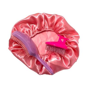 Imagem de Kit de Escovas: Raquete Fashion + Escova Massageadora Profissional e Touca de Cetim (LILÁS/ROSA)