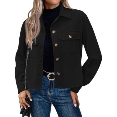 Imagem de Jaqueta De Veludo Cotelê Para Mulheres, Jaqueta Cropped De Lapela Com Botões Na Moda, Tops De Casaco Slim De Manga Longa Casual De Outono Com Bolsos, Black, L