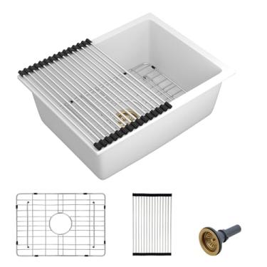 Imagem de Fulorni Pia de barra úmida de 55,88 cm x 43,2 cm – Bacia única clássica de quartzo composto de granito branco sob o balcão pequena para preparação de bar de cozinha para pia de RV