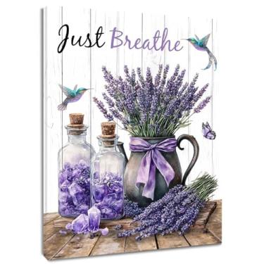 Imagem de HVEST Arte de parede Farmhouse lavanda para sala de estar borboleta floral roxa beija-flor decoração de parede de banheiro Just Breathe arte de parede emoldurada para quarto cozinha escritório em casa