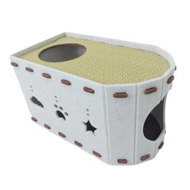 Imagem de IEUDNS Casa grande para gatos 2 em 1, com bolas penduradas e arranhador fechado, cama para gatinhos de 20,47 x 11,81 x 11,81 polegadas para gatos de todos os, Bege