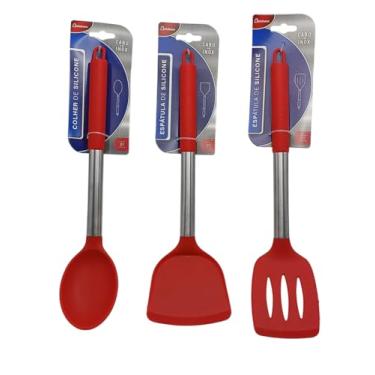 Imagem de Kit Cozinha Escumadeira, Colher, Espatula Lisa, Espátula Vazada, Todas em Silicone com Cabo Inox, 3 Peças, Suporta até 230 Graus, Cor Vermelho Linha Premium