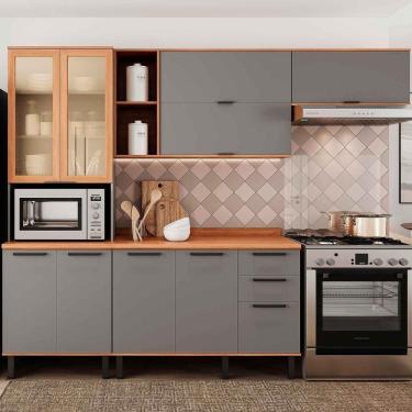 Imagem de Armário De Cozinha Castanha 2700mm Paneleiro E Balcão Com Vidro 4 Peças - Cinza/freijó