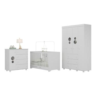 Imagem de Quarto Infantil Completo Com Berço 3 Em 1 Para Colchão 130x60cm Multimóveis Mp4383 Branco
