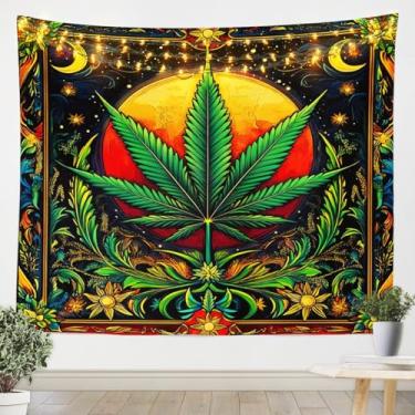 Imagem de Tapeçaria infantil folha de cannabis, lua céu estrelado exótico floral trippy tapeçarias de parede, decoração de quarto de meninos meninas, plantas botânicas de maconha, decoração de parede verde para