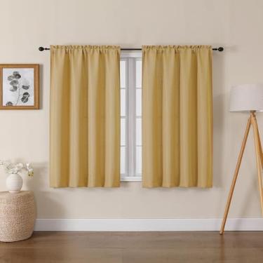 Imagem de Lecloud Bessie Gold Cortinas curtas 113 cm de comprimento, 2 painéis, cortinas de filtro de luz de linho falso com dois bolsos de haste, cortina de janela pequena de fazenda para quarto e sala de