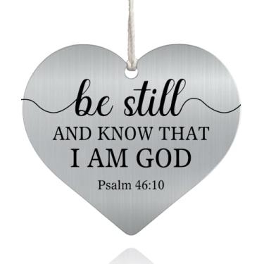 Imagem de XQLZY Be Still and Know That I Am God Pingente de carro espelho retrovisor de aço inoxidável, presente de coração de carro de fé para família de amigos crentes, ornamentos decorativos para pendurar