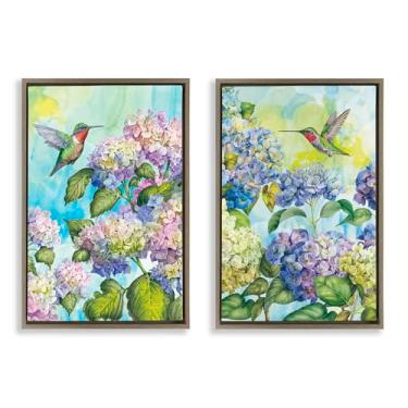 Imagem de Stupell Industries Conjunto de tela flutuante marrom de 2 peças beija-flores e hortênsias por Tim Coffey, 78 x 53 cm