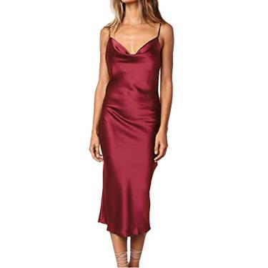 Imagem de xxxiticat Vestido feminino sem mangas de cetim com alças finas para coquetel, praia, festa noturna, gola drapeada, leopardo, midi, Midi-vinho tinto, GG