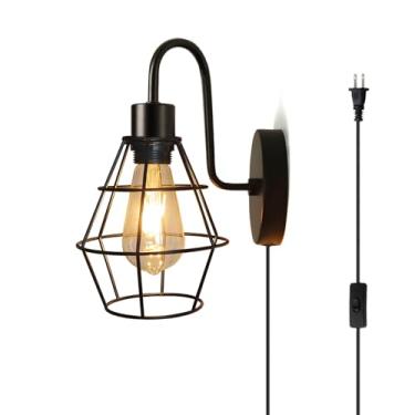 Imagem de DTIEDY Arandela de parede com interruptor liga/desliga, luminária de montagem na parede com cabo, gaiola de arame de metal preto, abajur rústico, iluminação de parede E26 para quarto, sala de estar