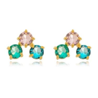 Imagem de Brinco Com 3 Cristais Zircônias Banhado A Ouro 18K - Atraktiva Jóias, 