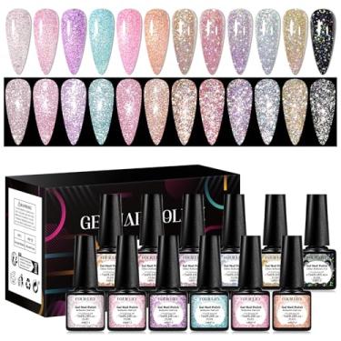 Imagem de Four Lily 12 peças de esmalte de gel reflexivo com glitter, conjunto de esmalte de gel cintilante, gel brilhante de absorção UV LED para arte de unhas, kit de manicure faça você mesmo em casa