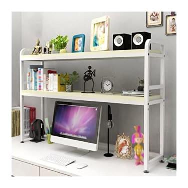 Imagem de Prateleira de armazenamento de 2 níveis, estante de madeira multiuso, organizador de prateleira de bancada, organizador de prateleira vintage de metal e madeira para escritório, casa, estante branca e