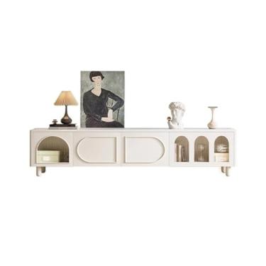 Imagem de YANIR-137 Unidade de TV para quarto, porta de vidro, armário de TV, pequeno apartamento, moderno, canto arredondado, armário de chão de armazenamento com pernas de suporte de madeira maciça, armário