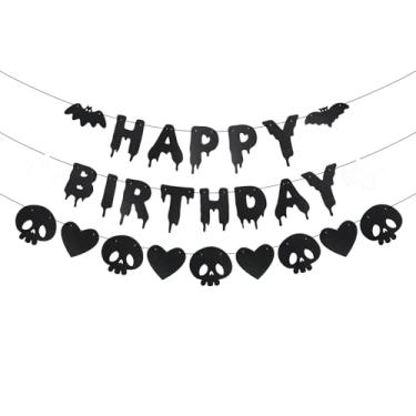 Imagem de Faixa de Aniversário de Halloween com Glitter Preto, Pré-Enfiada Faixa Feliz Aniversário Halloween Fantasmas, Corações, Caveiras, Morcegos Guirlanda Papel Pendurada para Lareira Parede