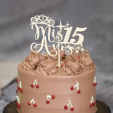 Imagem de Quinceanera Mis 15 Anos Wooden Cake Topper, Crown Design with Butterfly, Natural Wood, Hello 15, Happy 15th Birthday Party Decorations