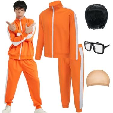Imagem de EFORLED Adult Halloween Costumes for Men 2025,Family Orange Zip-Up Tracksuit with Black Wig Cap & Glasses,L
