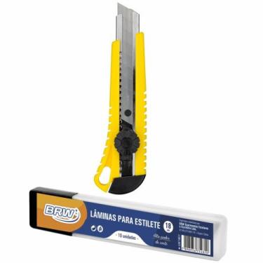 Imagem de Kit Estilete Retrátil Largo de Plástico 18mm + Lâminas BRW - Cassmar