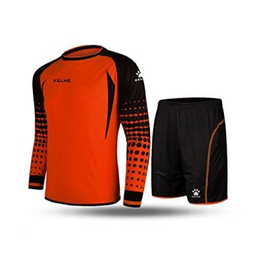 Imagem de KELME Uniforme de goleiro acolchoado, camisa e shorts de goleiro de futebol masculino, manga comprida juvenil com conjunto de calças, Orange/Black, Medium