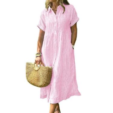 Imagem de Vestido de camisa chouyatou feminino listrado de verão rosa midi