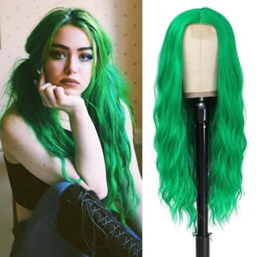 Imagem de Peruca YBYMCAI verde longa ondulada de 66 cm de fibra sintética para m