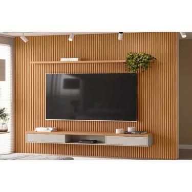 Imagem de Rack Bancada C/ Painel P/ Tv Até 100 Pol Modular 3.0 Ripado 2 Portas 1 Prat. 297x250cm Nature/off White - Linea Brasil