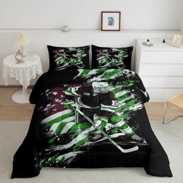 Imagem de Erosebridal Jogo de cama solteiro com estampa de jogador de hóquei, preto e verde, bandeira americana, para homens e adultos, jogo de bola de hóquei no gelo, edredom e edredom para esportes de inverno