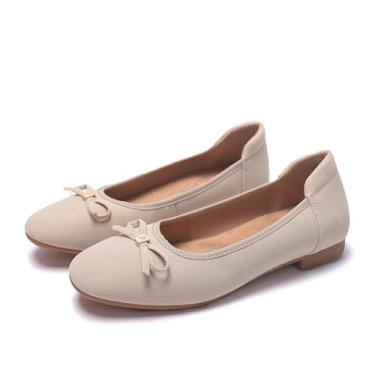 Imagem de MUMUWU Sapatilhas femininas confortáveis de balé de bico redondo para mulheres, sapatos rasos elegantes com laço e palmilha com suporte de arco, Bege, 39