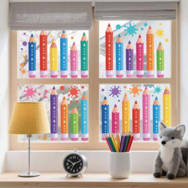 Imagem de ANATTASOUL Adesivos de janela estática lápis de cor e pigmentos 1 folha de decalques de janela reutilizáveis para vidro, 120 cm x 30 cm adesivo de janela dupla face removível para quarto, escritório