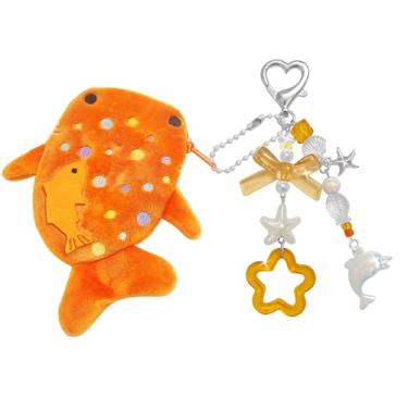 Imagem de cioatu Adorável porta-moedas de tubarão baleia, porta-moedas, de pelúcia macia, com zíper, bolsa feita à mão, presente para meninas e mulheres, Laranja, tamanho �nico