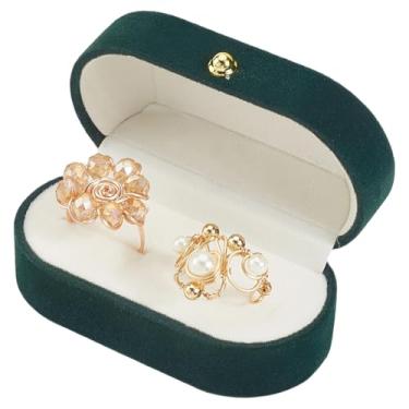 Imagem de Beebeecraft Caixa de anéis de casal de veludo com 2 compartimentos pequena retangular verde escuro caixa de anel de casamento porta-joias armazenamento com capa flip para presente de noivado de brinco