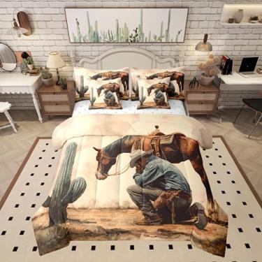 Imagem de Manfei Jogo de cama Queen com estampa de caubói cavalo ocidental, cacto do deserto do sudoeste, para crianças, meninas, meninos, estilo rústico, estilo casa de fazenda, com elástico, 2 fronhas + 2