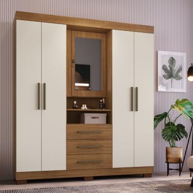 Imagem de Guarda Roupa Casal com Espelho 5 Portas 3 Gavetas e Pés Europa Faimec - Canela com Off White