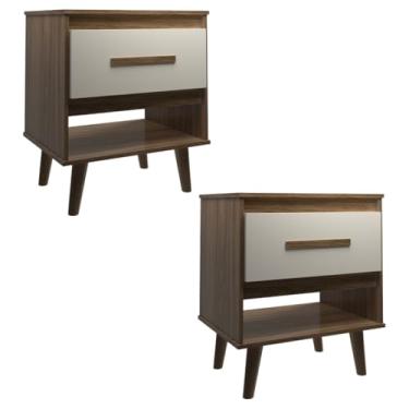 Imagem de Kit 2 Mesas de Cabeceira 1 Gaveta com Nicho e Pés Retro Estilo Moderno para Quarto Savana Mobília Decor
