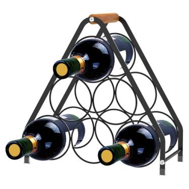 Imagem de Rack de vinho de bancada com alça de madeira, organizador de armazenamento de vinho de metal - comporta até 6 garrafas de suporte de garrafa de vinho de mesa independente para cozinha, mesa, bar