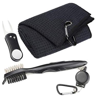 Imagem de Toalha de golfe com padrão de waffle de microfibra Mile High Life | Escova de limpeza de ranhura de clube | Ferramenta de mergulho dobrável com marcador de bola magnético, Black Towel/Brush/Bone Divot