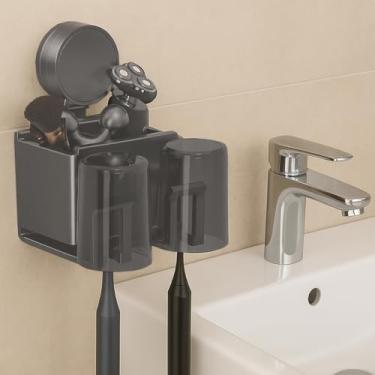 Imagem de Suporte Porta Escova De Dentes Com Copo Organizador Banheiro De Parede Ventosa Luxo 7282 Grafite