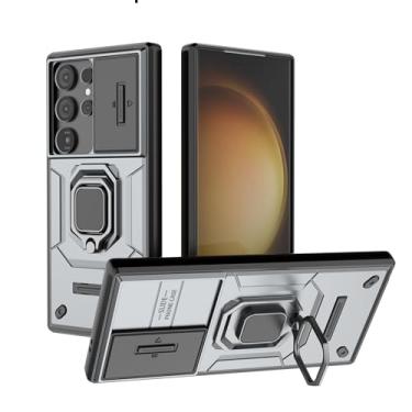 Imagem de SORAKA Capa para Samsung Galaxy S24 Ultra com suporte para anel e tampa deslizante para câmera Capa Samsung Galaxy S24 Ultra com placa de metal para suporte magnético Capa de camada dupla em PC e TPU