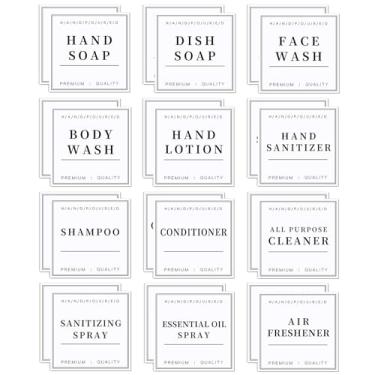 Imagem de 24 etiquetas brancas impermeáveis para mamadeiras, adesivos de etiqueta de dispensador de xampu e condicionador, adesivos de etiqueta de sabonete de mão de banheiro, etiquetas de limpeza removíveis para garrafa de spray de vidro/plástico