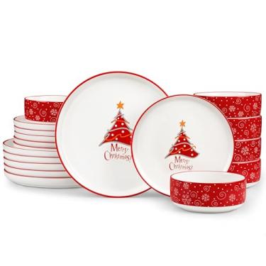 Imagem de MALACASA Conjunto de pratos e tigelas, conjunto de 18 peças de louça de porcelana de Natal para 6, conjunto de louças de cerâmica, utensílios de jantar de cozinha, seguro para micro-ondas e
