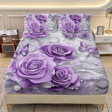 Imagem de AILONEN Jogo de lençol Queen com estampa de borboleta roxa para decoração de quarto, 1 lençol com elástico + 2 fronhas, 3 peças