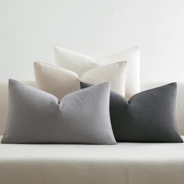 Imagem de JUSPURBET Conjunto de 4 capas de almofada decorativas de linho para sofá cama com zíper invisível para decoração de sala de estar, cinza claro, cinza escuro