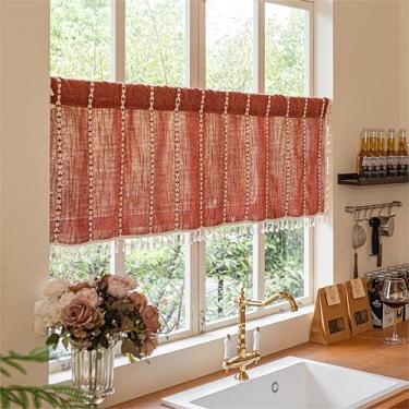 Imagem de Sutuo Home Cortinas curtas Boho para armário de entrada de café, cortina bordada boêmia de linho com filtro de luz para janela francesa, bolso para varão 1 painel 132 cm L x 91 cm C, terracota